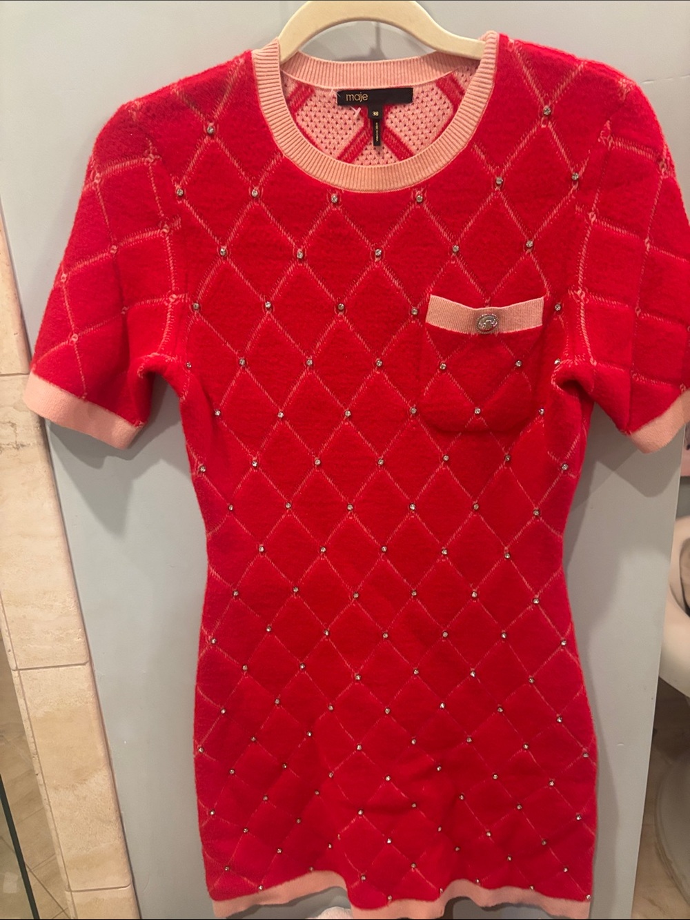 Maje Red Quilted Short Sleeve Knit Top with Pink Trim